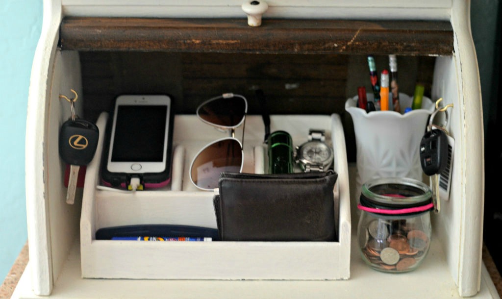 the bread box kitchen counter organizer with keys, change, wallet, and more inside