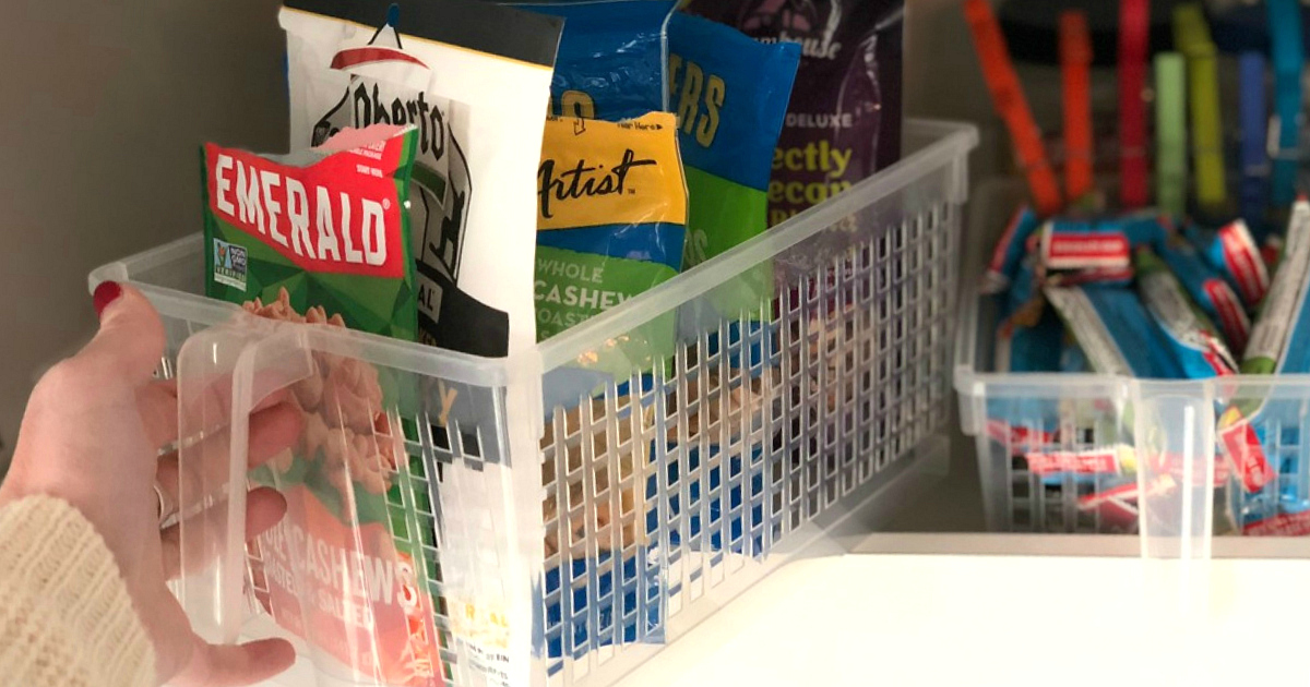 Pantry organizer at home filled with snacks