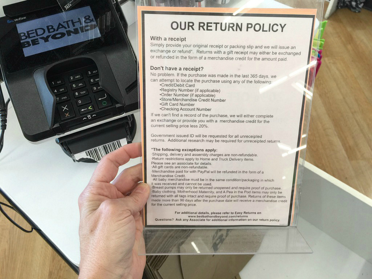 bed bath beyond return policy sign in store