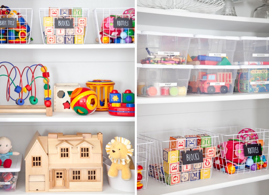 label bins in closet to organize kids toys