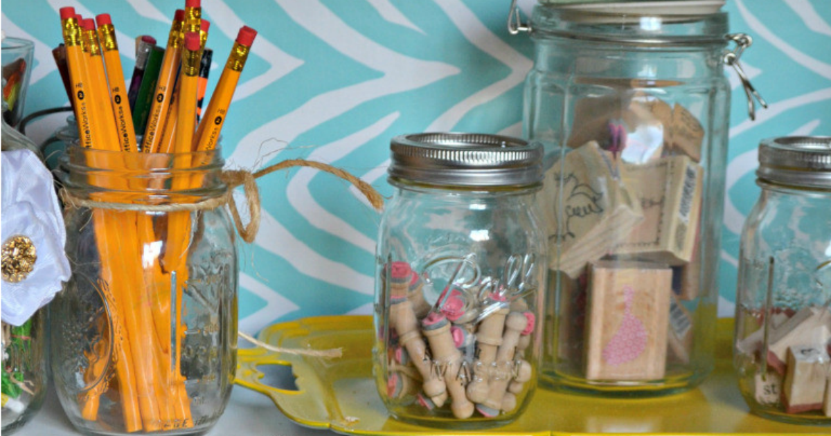 ways to repurpose trash – mason jars reused for pencils and stamps