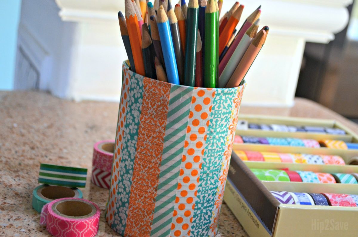 ways to repurpose trash – washi tape on a tin can holding pencils