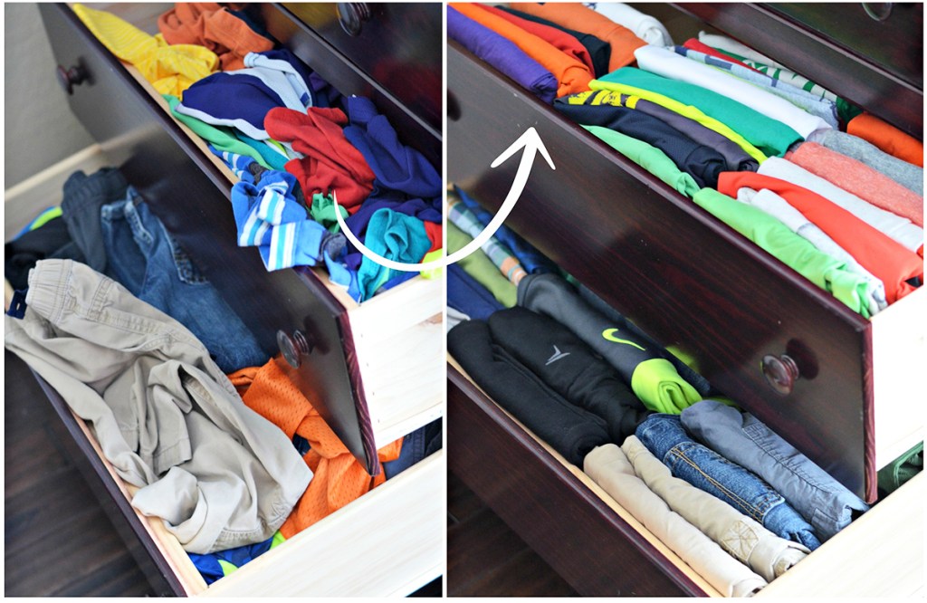 before and after photos of messy drawers turning into organized drawers of folded clothes