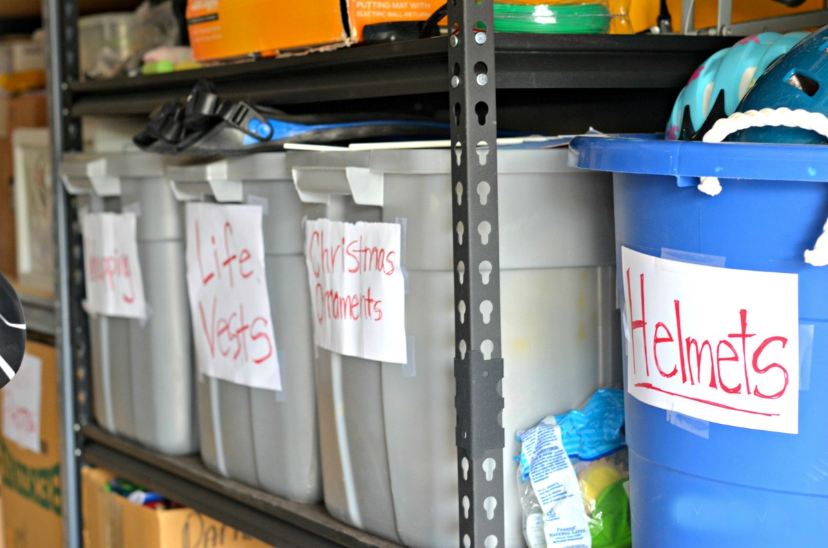 storage buckets marked with contents inside