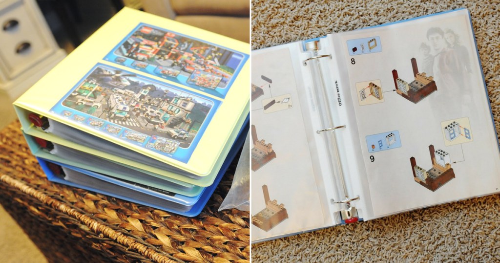 lego building manuals organized in 3-ring binders
