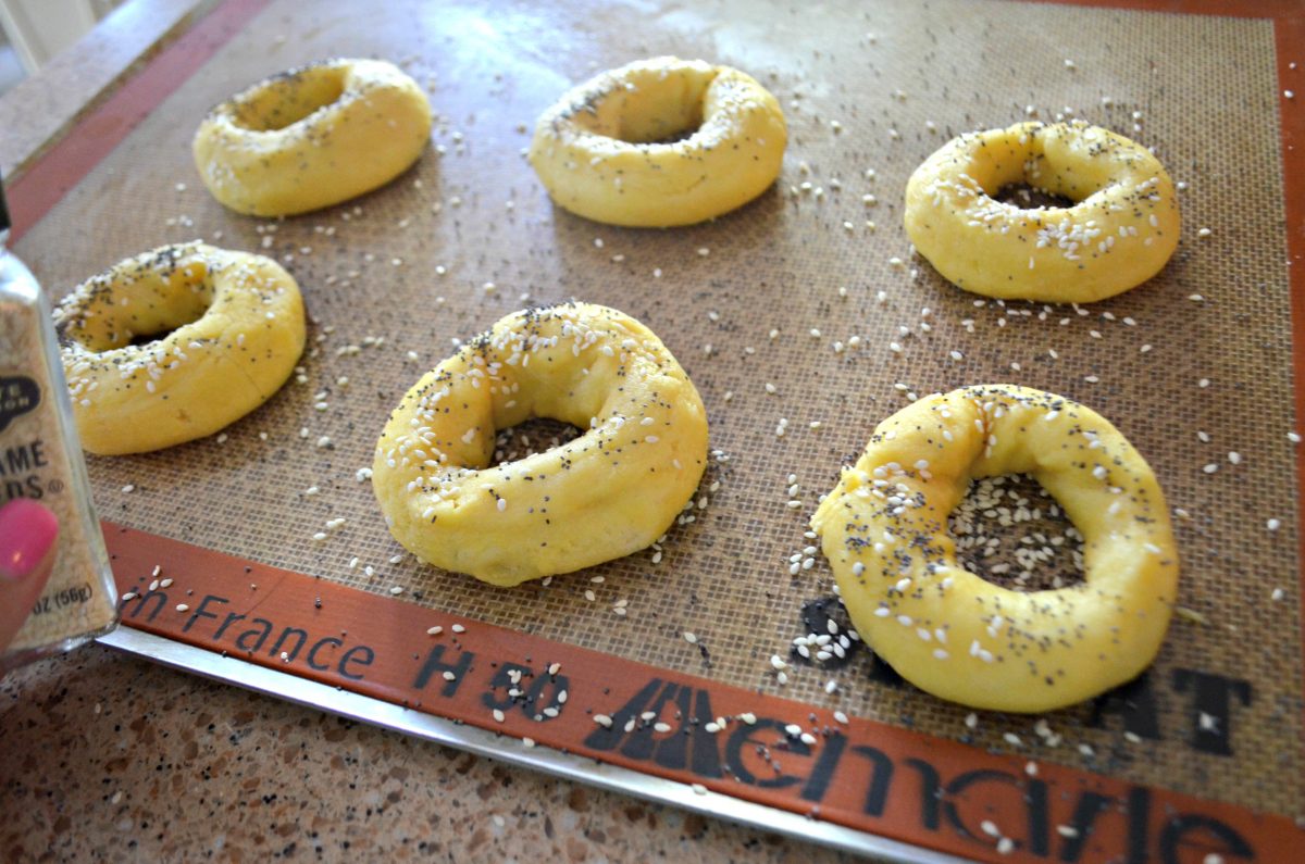 bagels on a silpat ready to go into the oven