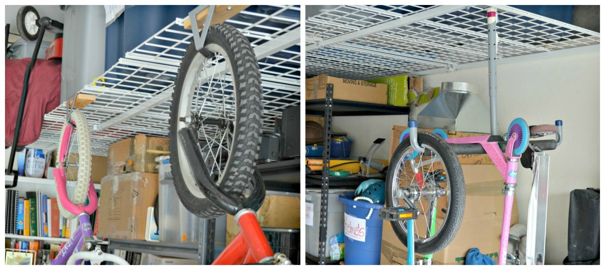 hanging shelves with bikes and tires