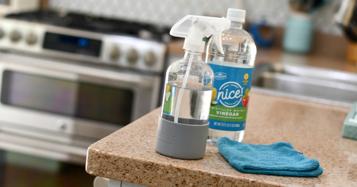 white vinegar in a squirt bottle on a kitchen counter