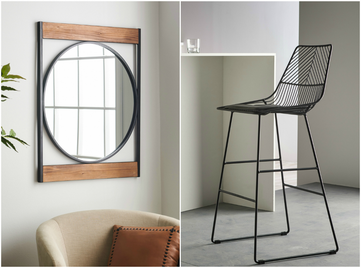 MōDRN modern line at Walmart includes a mirror and a wire frame bar stool