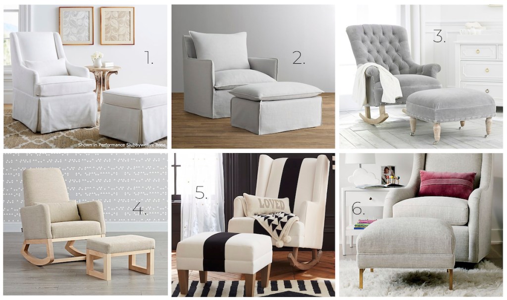 collage of six different neutral nursery chairs and matching ottomans 