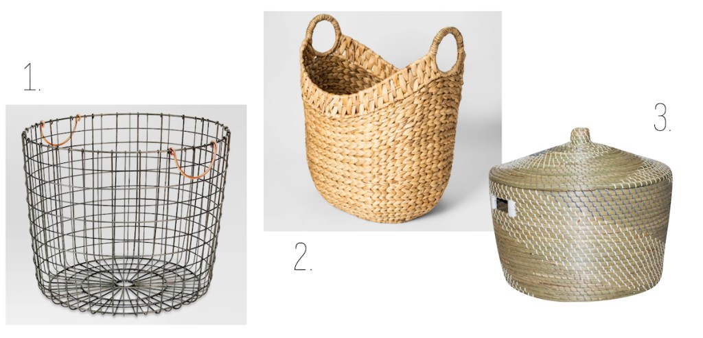 target large wire wicker woven baskets with lid pewter copper handles metal bin