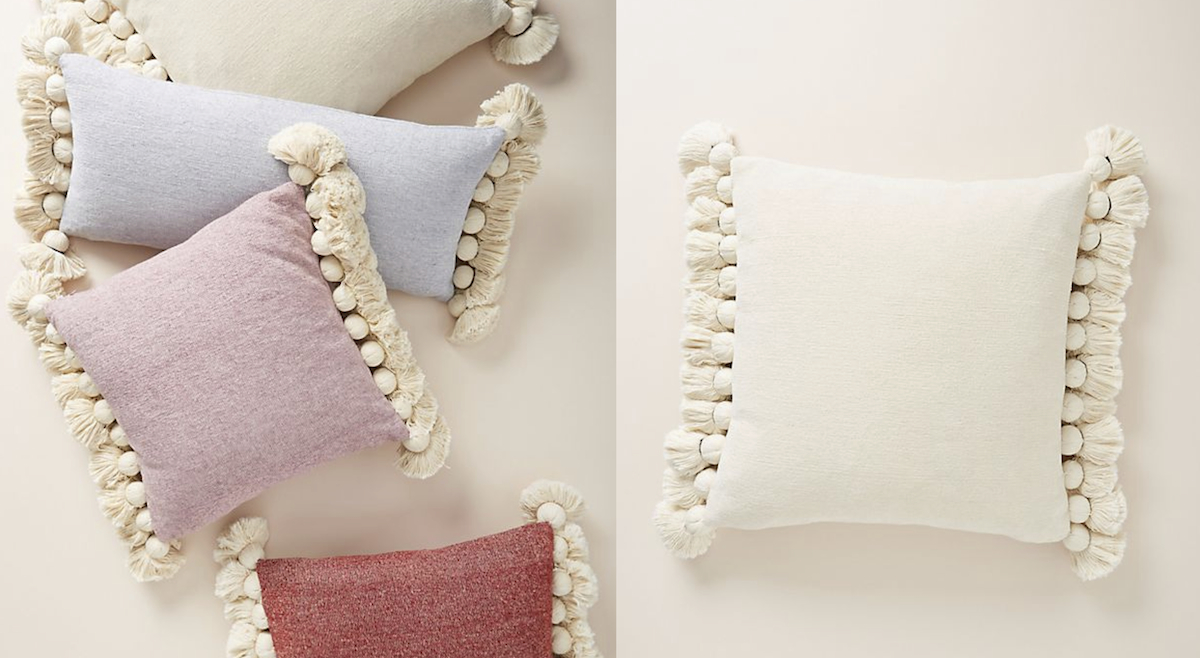 large tassel pillows in cream, ivory, lavender, light blue, purple, red
