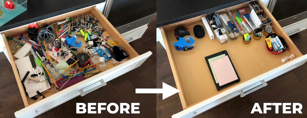 before and after comparison of junk drawer