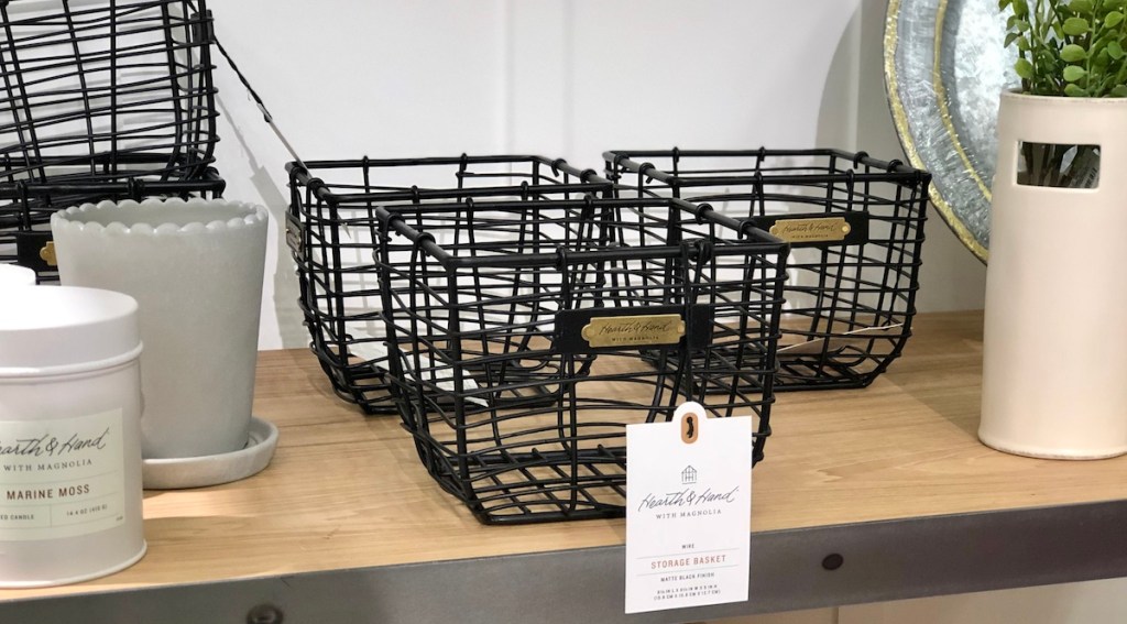 hearth and hand black metal wire baskets sitting in a group on shelf