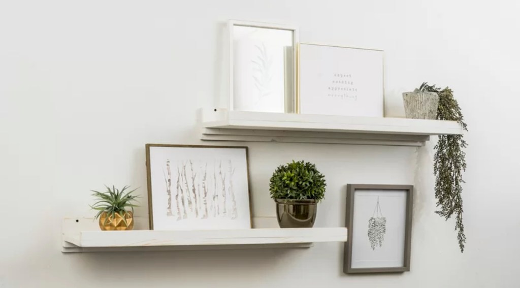 two vintage white shelves with picture frames and plants