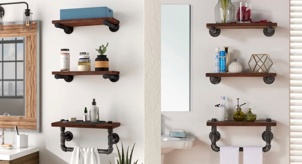 side by side photos of iron wood shelves in bathroom with towel rack and accessories