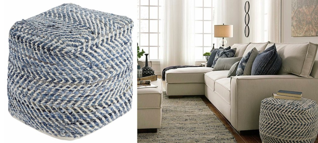 chevron pouf with white and indigo hand woven colors sitting in a living room with couch
