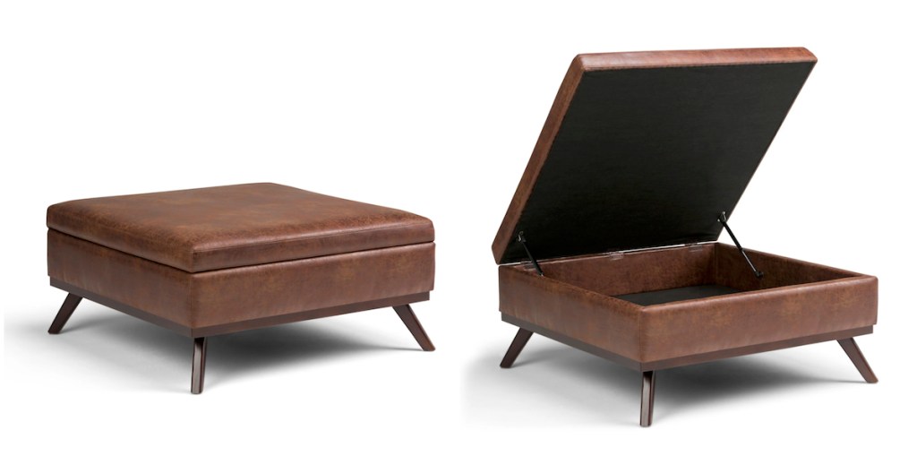 brown faux leather ottoman side by side photos closed and open