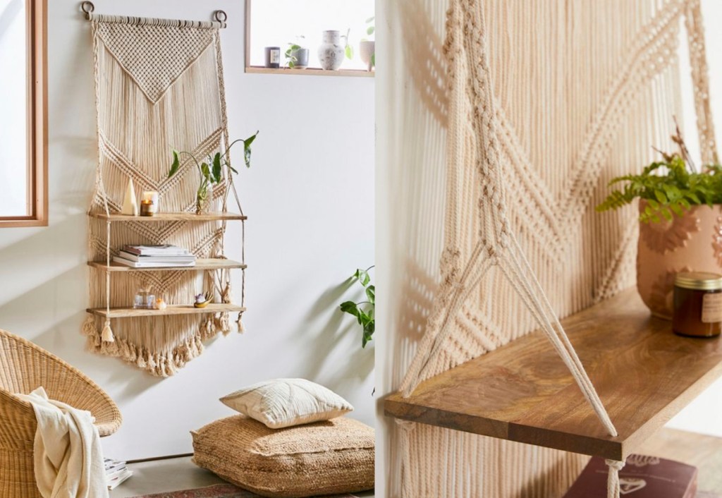 large macrame shelves on wall with accessories and floor pillows 