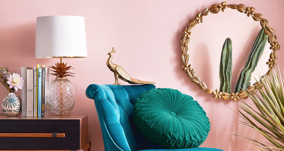 target opalhouse round floral gold mirror, teal chair, pineapple lamp, pink walls