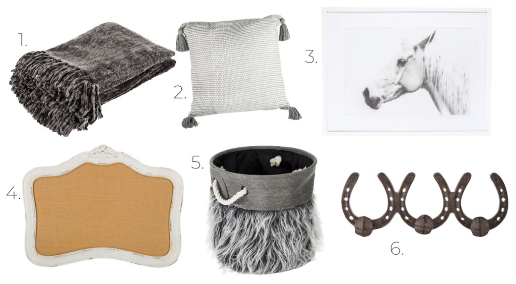 Gray room decor blanket tassel pillow horse print cork board faux fur basket horseshoe hooks