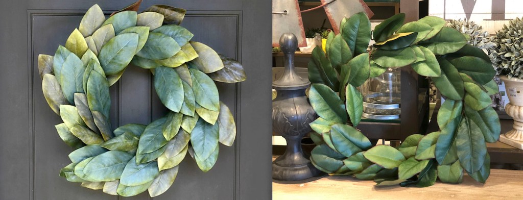 magnolia wreath on dark gray door and one wreath sitting on a table