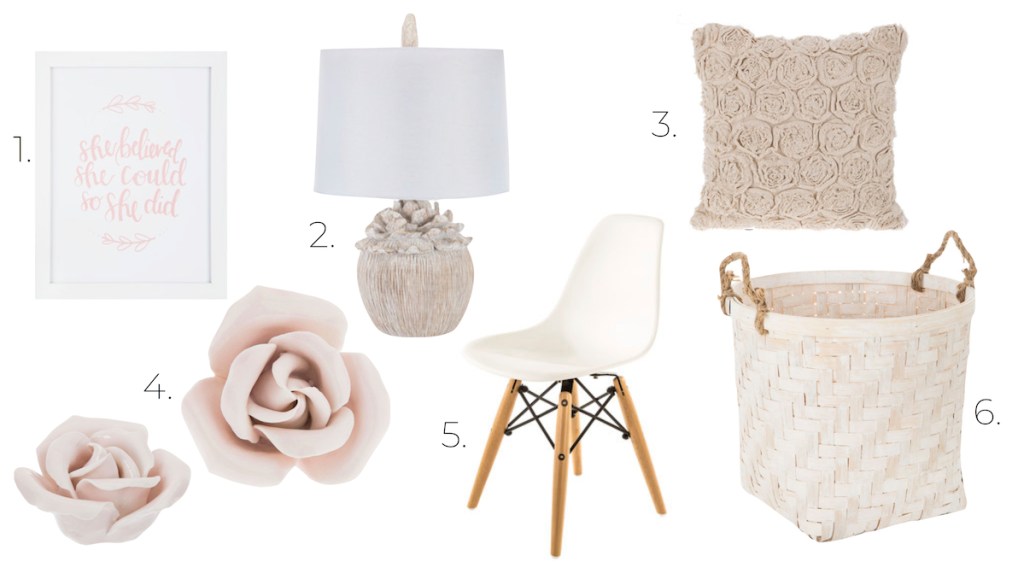 design board with soft light pink accents girl room decor lamp rose pillow roses chair basket