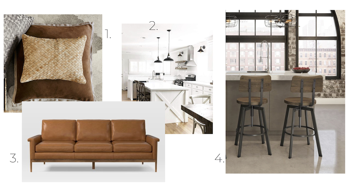 rustic design board: leather cowhide pillows, leather couch, black iron pendant lights, kitchen stools