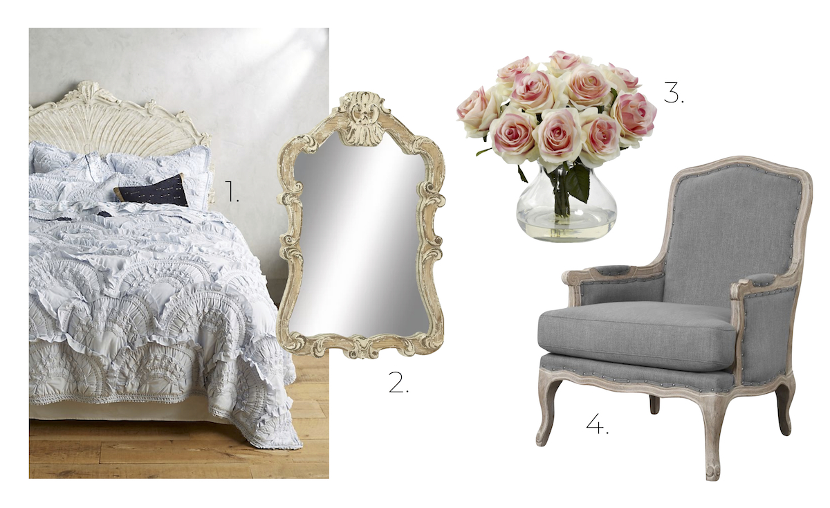 shabby chic design board: pastel ruffle quilt, mirror, vase with pink roses, gray vintage french style chair 