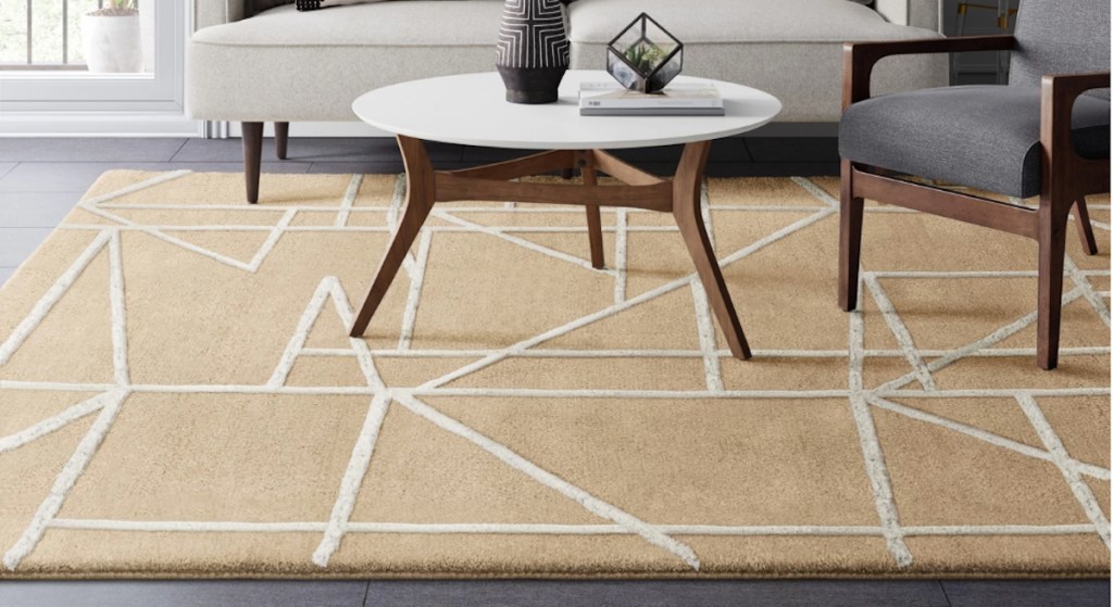 abstract mustard geometric rug in modern living room