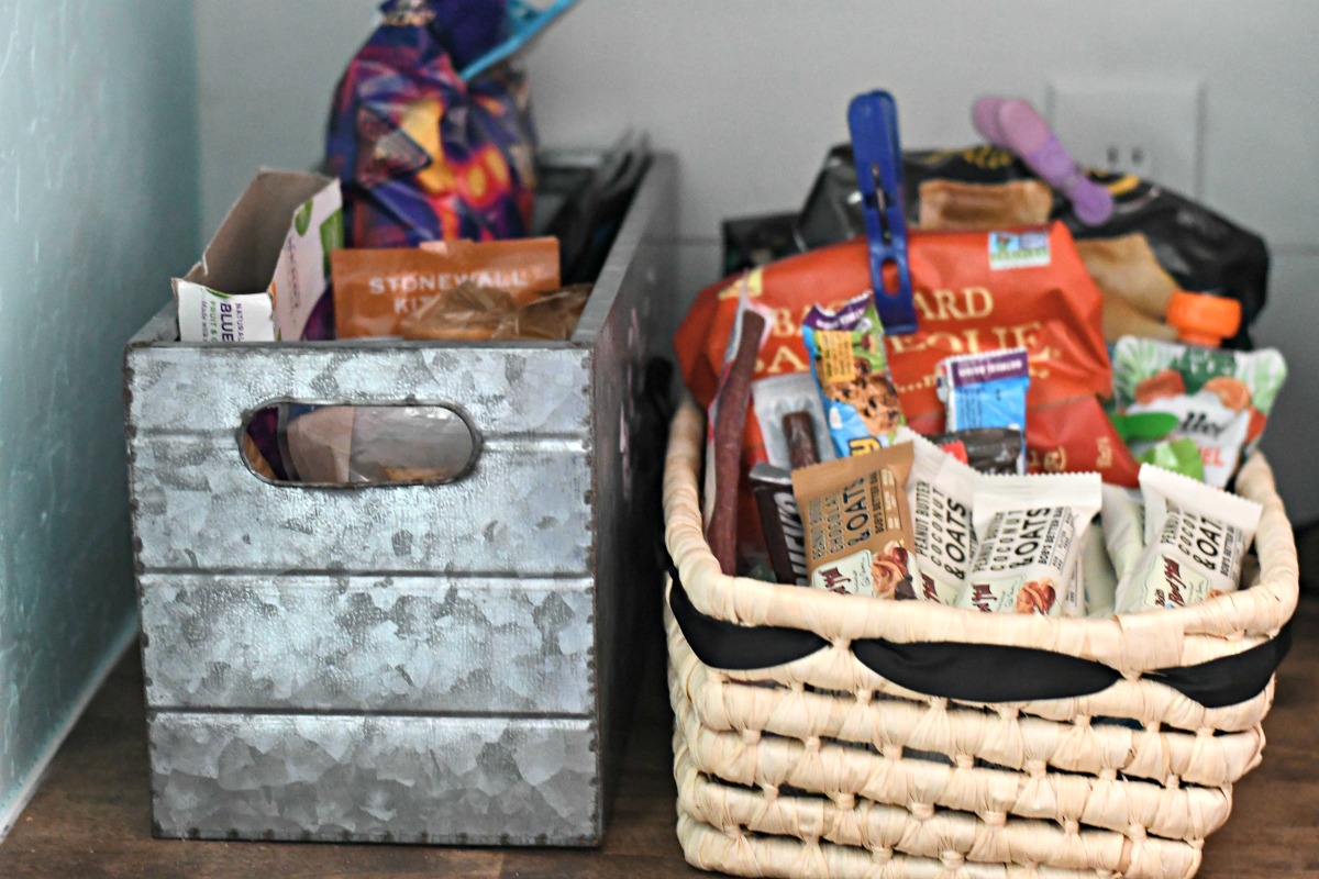 baskets to organize kitchen pantry snacks 