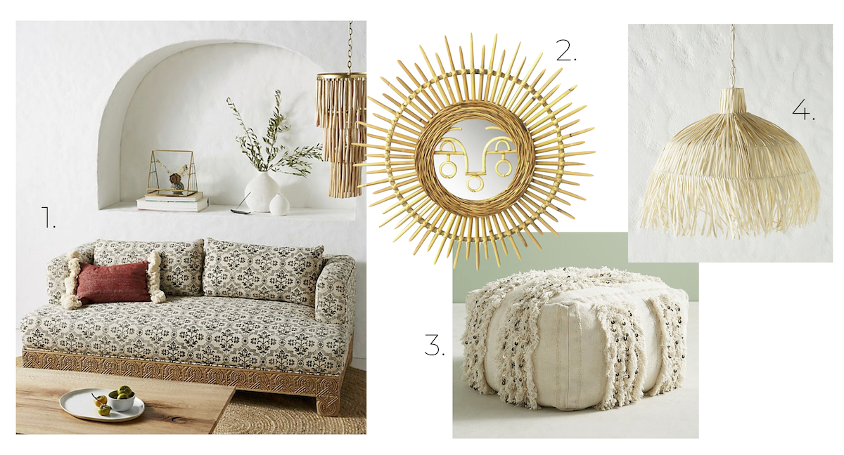 bohemian design board: living room couch, coffee table, sunshine mirror, Moroccan pouf, straw chandelier 