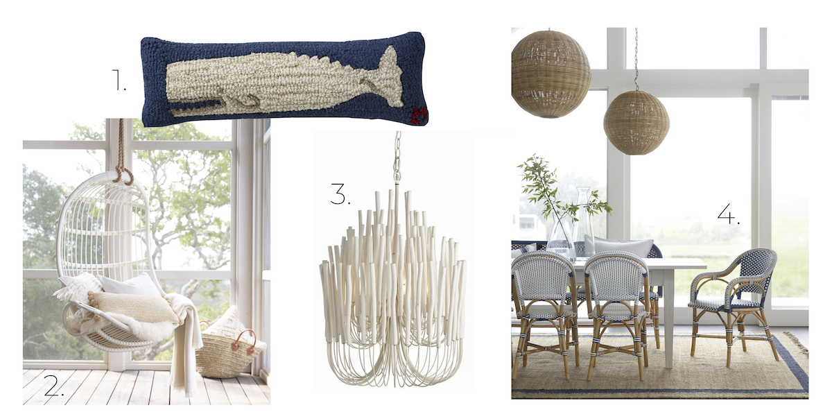 coastal design board with nautical elements: hanging chair, whale pillow, chandelier, wicker lights and chairs