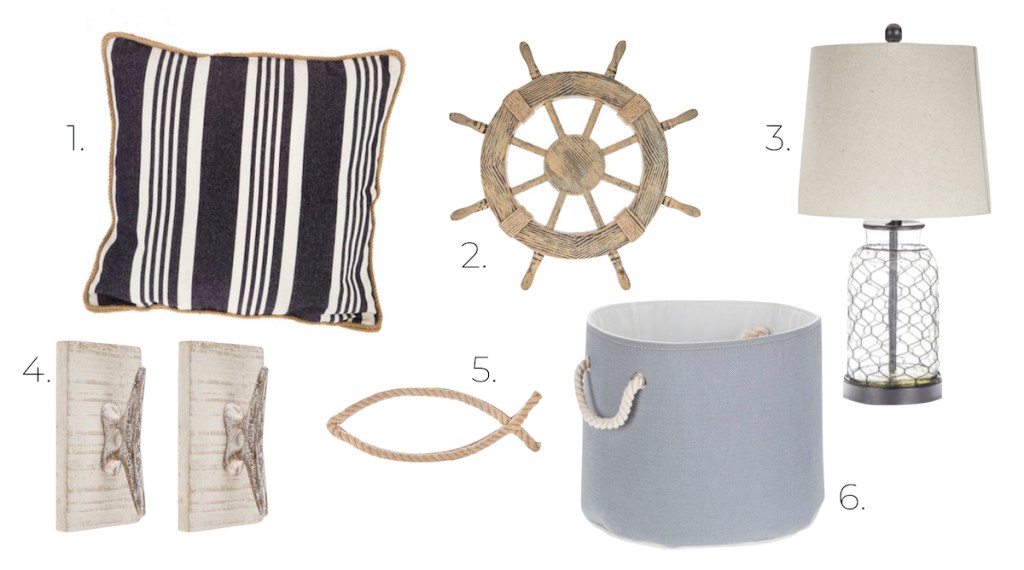 coastal design board navy stripe pillow wood boat wheel glass lamp wall hooks rope fish blue basket