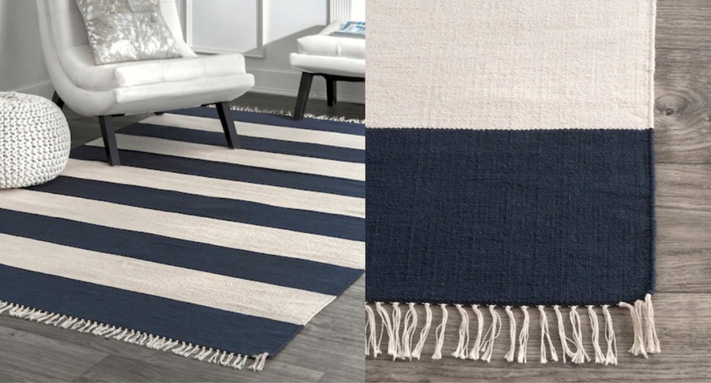navy and white stripe rug on gray wood floor