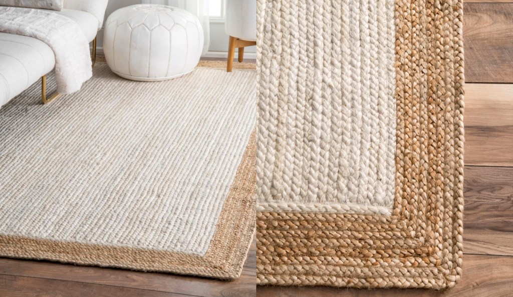 white ivory cream and natural jute colored rug on wood floor