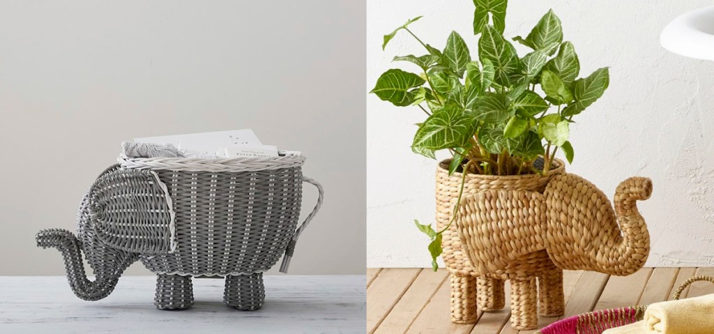 gray elephant basket next to natural colored one with plant inside
