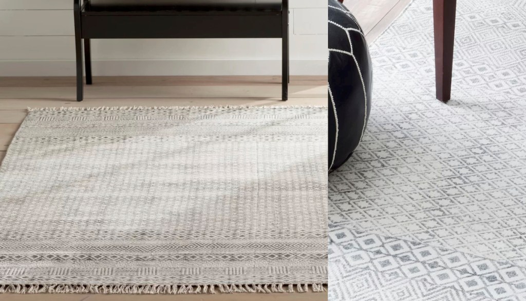 white and gray printed tassel rug on light wood floor with black bench