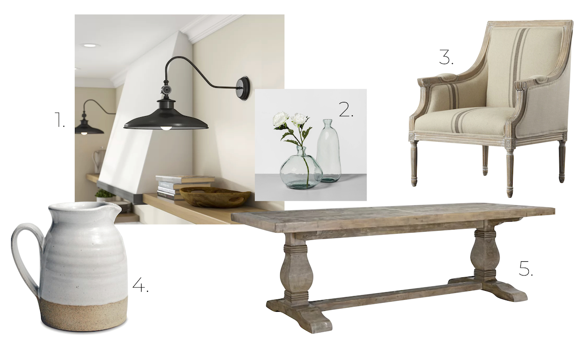 farmhouse design board with pottery, iron hanging lights, flower vases, large wood table, linen chair 