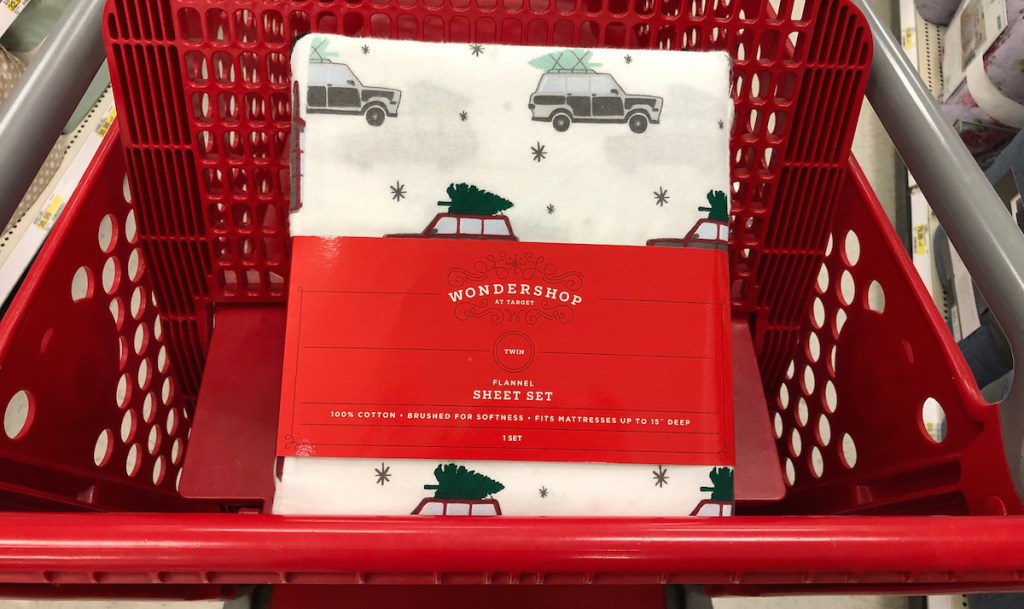 flannel car printed sheets in a red target cart