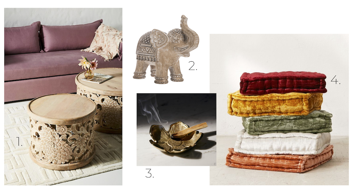 global design board: ,hand carved coffee tables, elephant, ashtray, velvet floor cushions