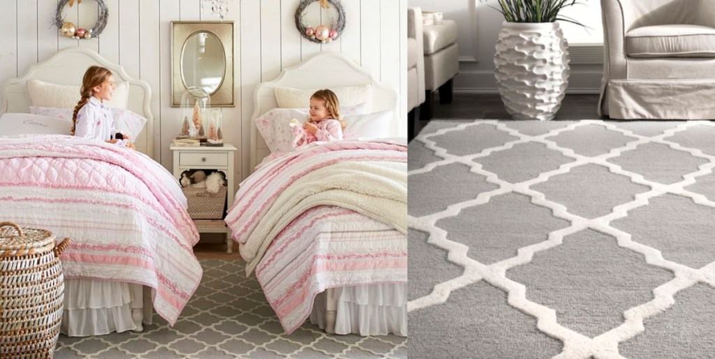 two girls in white beds with gray area rug next to another photo of a gray rug