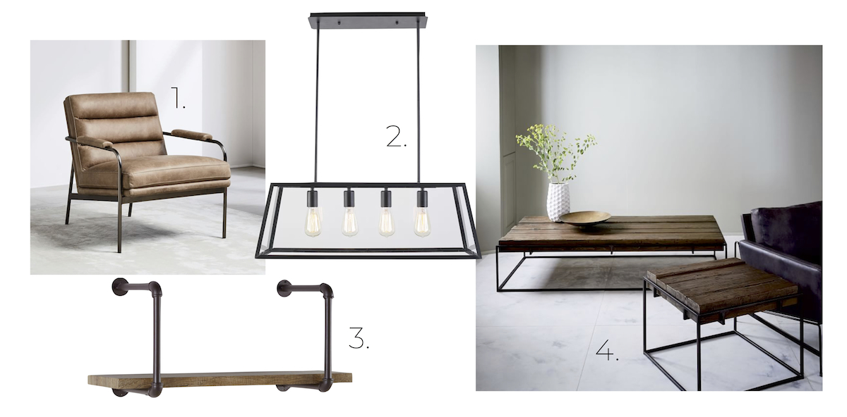 industrial design board: leather chair, pipe wood shelf, hanging light, salvaged wood iron coffee table and side table