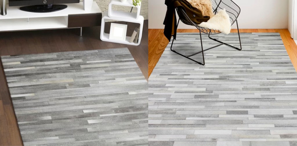 side by side of striped leather gray rug