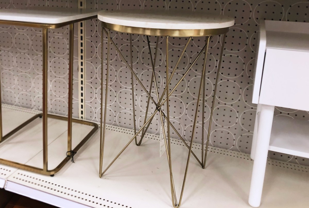 project 62 end table with golden legs and marble top