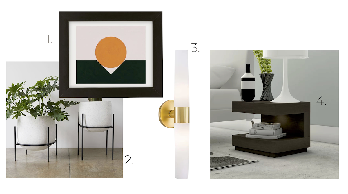 modern design board: black and white planters, abstract wall art, wall light, wood nightstand