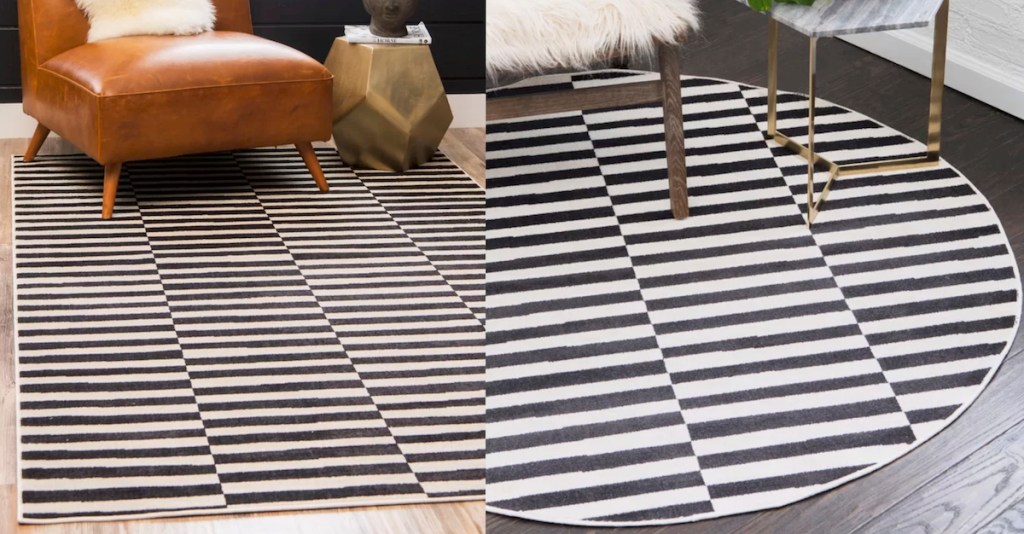 black and white stripe rug on light and dark wood floor with leather chair gold side table