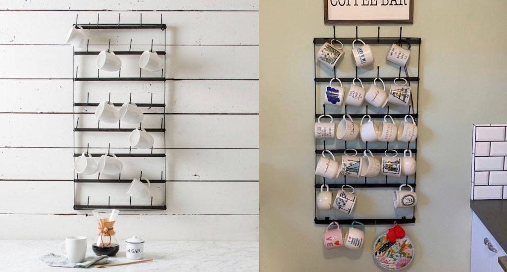 two iron metal mug racks side by side with assorted white coffee mugs on wall