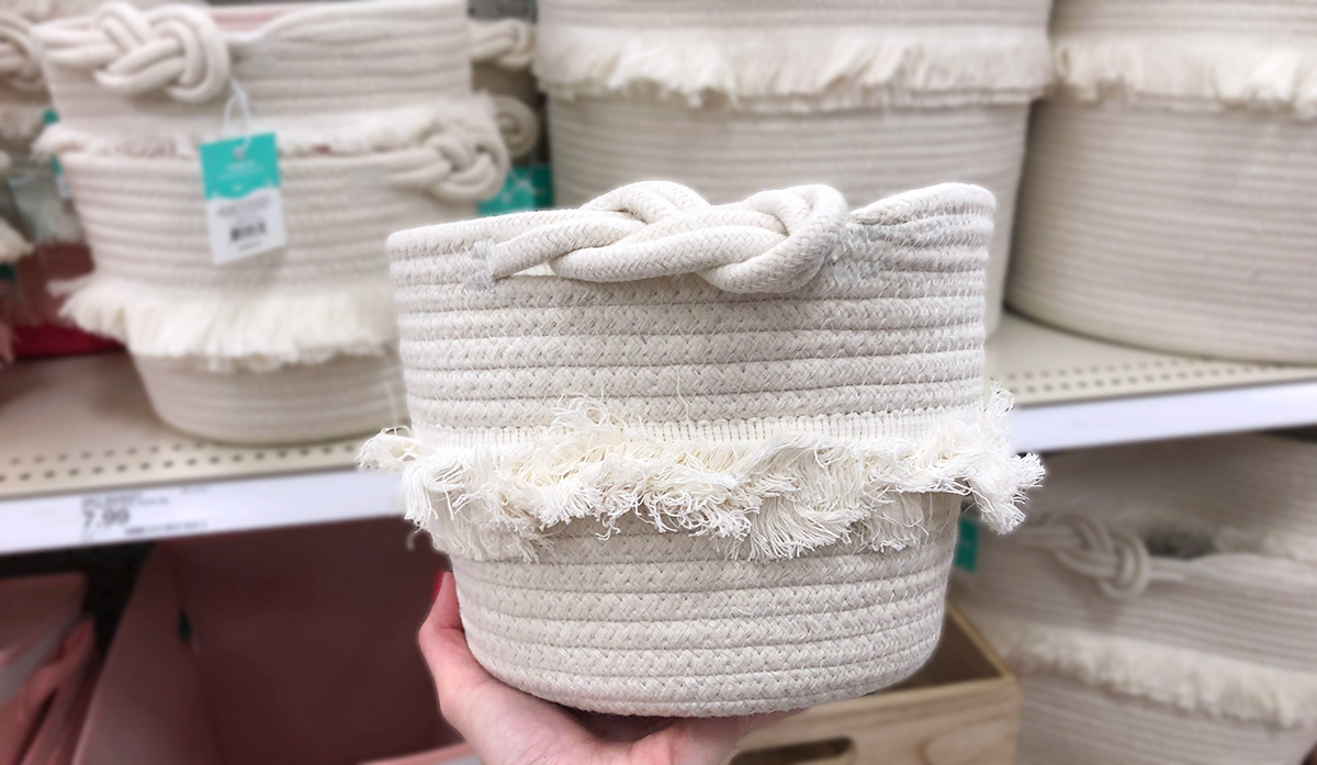 grown up Pillowfort items — white rope fringed storage basket