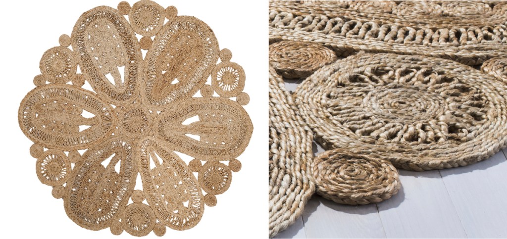 side by side of round jute natural colored rug